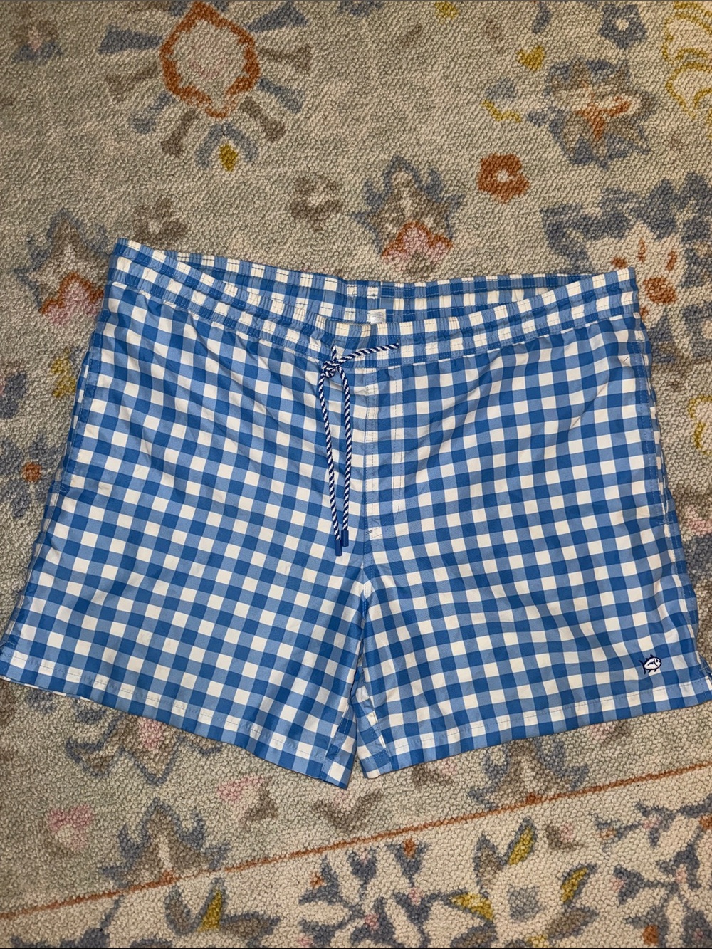 Southern Tide Blue and White Gingham Swim Trunks